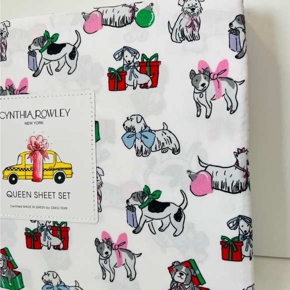 Cynthia Rowley Puppy Cheer Queen Size Sheet Set Presents Bows Ornaments Gifts - Picture 5 of 12